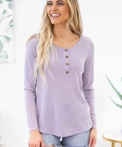 Lovely Melody LONG SLEEVES Lavender Henley Top With Crochet Sleeve