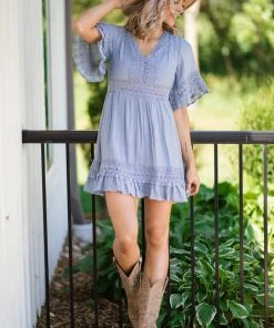 BLUIVY Dusty Blue Crochet Trim Bell Sleeve Dress
