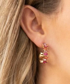 CNC NEW YORK CORP Pink/Gold Baguette C-Hoop Stud Earrings Accessories