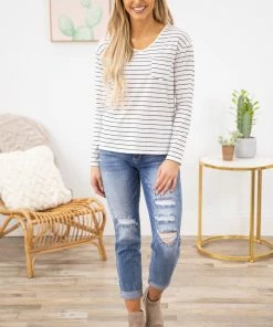 Shewin White And Black Stripe Long Sleeve Top