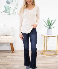 Lovely Melody Cream Henley Top With Crochet Sleeve LONG SLEEVES 9 Lovely Melody Cream Henley Top With Crochet Sleeve LONG SLEEVES