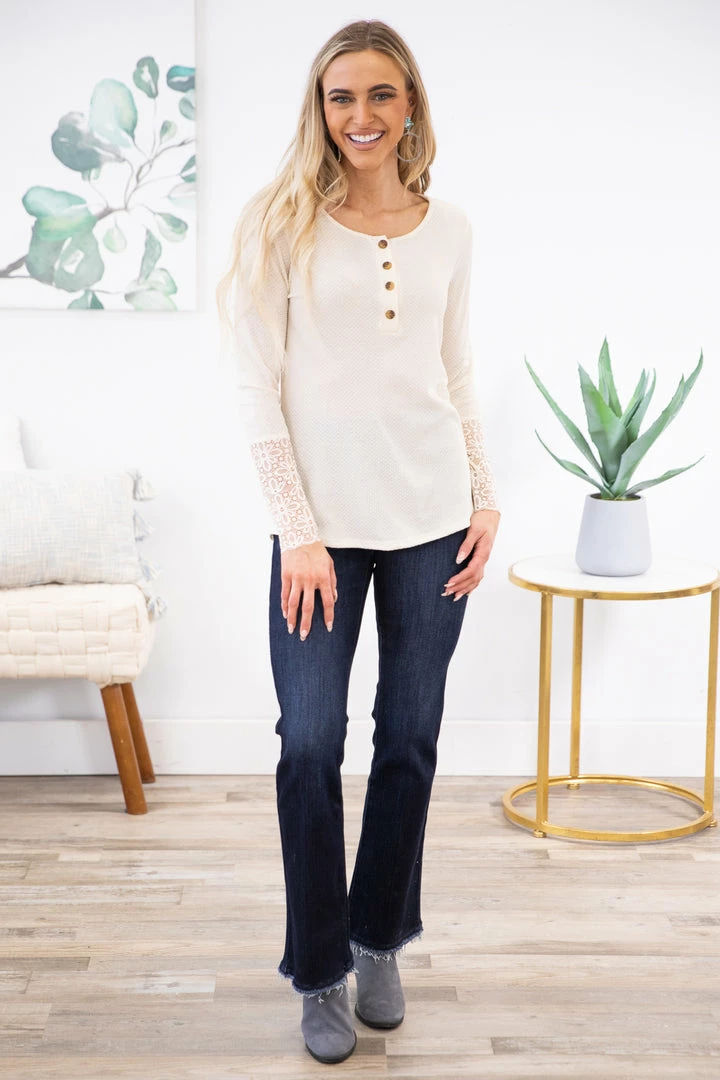 Lovely Melody Cream Henley Top With Crochet Sleeve LONG SLEEVES 4 Lovely Melody Cream Henley Top With Crochet Sleeve LONG SLEEVES