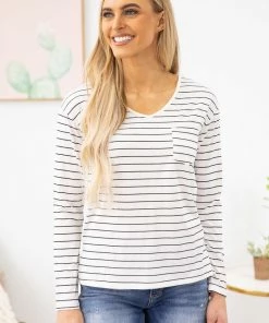 Shewin White And Black Stripe Long Sleeve Top