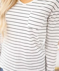 Shewin White And Black Stripe Long Sleeve Top