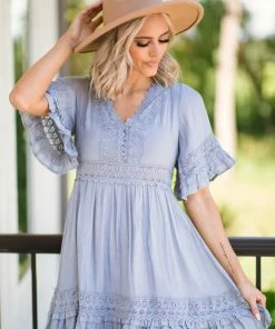 BLUIVY Dusty Blue Crochet Trim Bell Sleeve Dress