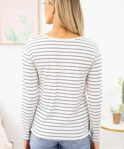 Shewin White And Black Stripe Long Sleeve Top