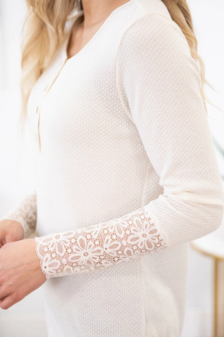 Lovely Melody Cream Henley Top With Crochet Sleeve LONG SLEEVES 7 Lovely Melody Cream Henley Top With Crochet Sleeve LONG SLEEVES