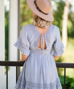 BLUIVY Dusty Blue Crochet Trim Bell Sleeve Dress