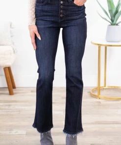 Kancan Dark Wash Raw Hem Bootcut Jeans Bottoms