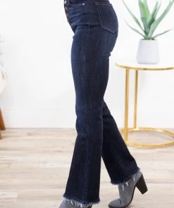 Kancan Dark Wash Raw Hem Bootcut Jeans Bottoms