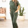 Shop Basic USA Olive Short Sleeve Jumpsuit With Pockets Dresses 2 Shop Basic USA Olive Short Sleeve Jumpsuit With Pockets Dresses