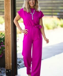 2 Hearts Inc Fuchsia Tie Waist Short Sleeve Jumpsuit