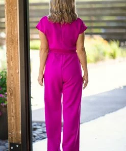 2 Hearts Inc Fuchsia Tie Waist Short Sleeve Jumpsuit