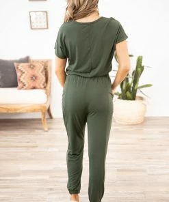 Shop Basic USA Olive Short Sleeve Jumpsuit With Pockets Dresses