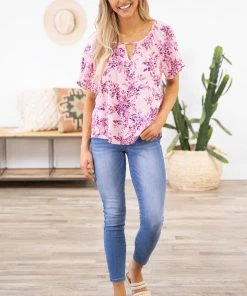 Staccato Baby Pink And Purple Floral Print Top