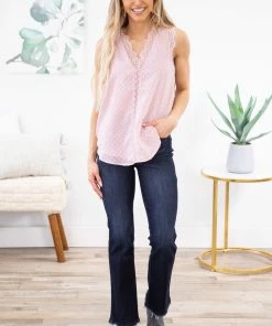 Shewin TANK TOPS Baby Pink Lace Trim Tank