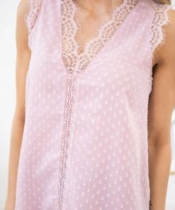 Shewin TANK TOPS Baby Pink Lace Trim Tank