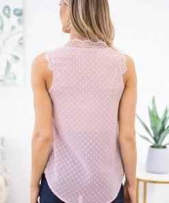 Shewin TANK TOPS Baby Pink Lace Trim Tank