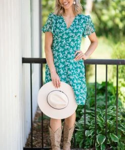 Davi & Dani Dresses Emerald Floral Print Sleeve Dress