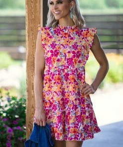 Jodifl Dresses Hot Pink And Yellow Floral Tiered Dress