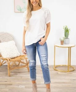 Lime N Chili SHORT SLEEVES White Eyelet Puff Sleeve Top