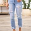 Risen Distressed Straight Leg Jeans