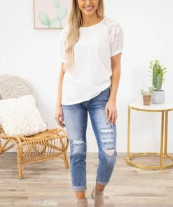 Lime N Chili SHORT SLEEVES White Eyelet Puff Sleeve Top