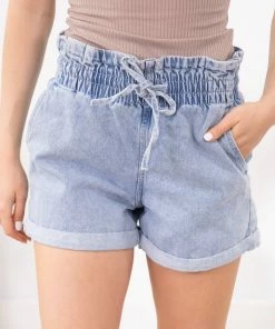 Love Tree Bottoms Light Wash Cuffed Elastic Waist Pull On Shorts