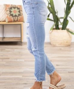 Risen Distressed Straight Leg Jeans