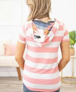 7th Ray Tops Coral And White Stripe Hooded Short Sleeve Top