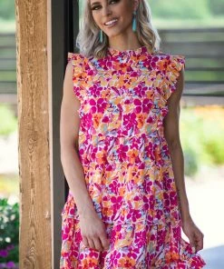 Jodifl Dresses Hot Pink And Yellow Floral Tiered Dress