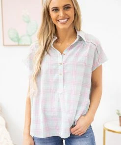 Lime N Chili SHORT SLEEVES Mint And Pink Plaid Short Sleeve Top