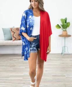 Heimish Tops Red And Blue Colorblock Star Print Kimono