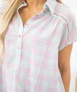 Lime N Chili SHORT SLEEVES Mint And Pink Plaid Short Sleeve Top