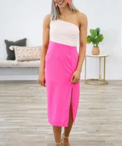 Shewin Hot Pink And Peach One Shoulder Midi Dress Dresses