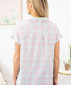 Lime N Chili SHORT SLEEVES Mint And Pink Plaid Short Sleeve Top