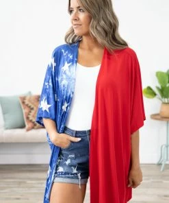 Heimish Tops Red And Blue Colorblock Star Print Kimono