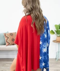 Heimish Tops Red And Blue Colorblock Star Print Kimono