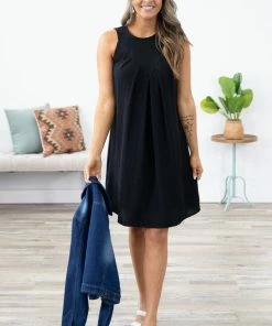Solution Black Textured Dress With Pleated Bodice Dresses