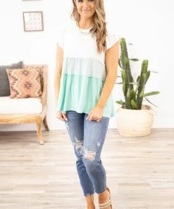 Cherish Mint And Ivory Tiered Colorblock Top Tops
