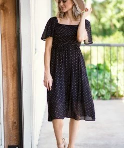 Lime N Chili Black Dot Print Smocked Bodice Dress Dresses