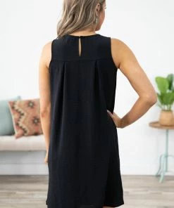 Solution Black Textured Dress With Pleated Bodice Dresses