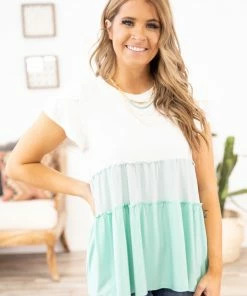 Cherish Mint And Ivory Tiered Colorblock Top Tops