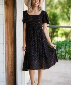 Lime N Chili Black Dot Print Smocked Bodice Dress Dresses