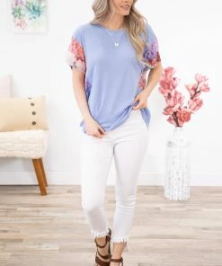Hailey And Co SHORT SLEEVES Cornflower Floral Print Sleeve Top