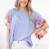 Hailey And Co SHORT SLEEVES Cornflower Floral Print Sleeve Top