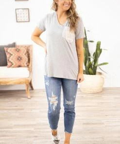 Heimish Grey Top With Crochet And Stripe Pocket Tops