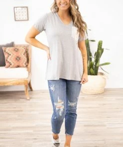 Heimish Grey Top With Crochet And Stripe Pocket Tops