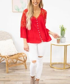 Shewin Red Lace Sleeve Top With Button Detail
