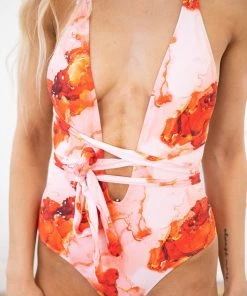 Maxi Global Peach Floral Tie Waist One Piece Swimsuit